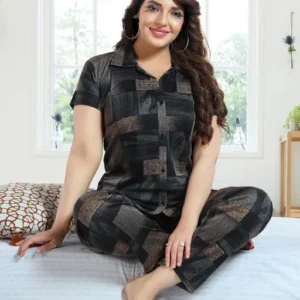 Womens Satin Printed Kollar Nightsuits