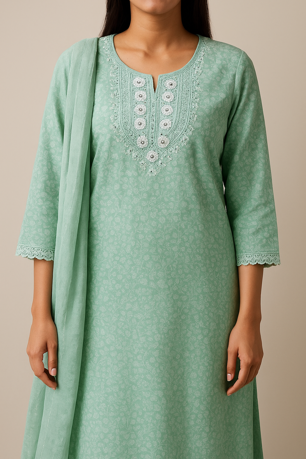 Embroidered Floral Straight Kurti with Lace Sleeves
