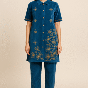 Teal Blue Velvet Embroidered Short Kurta Set – Elegant Winter Wear