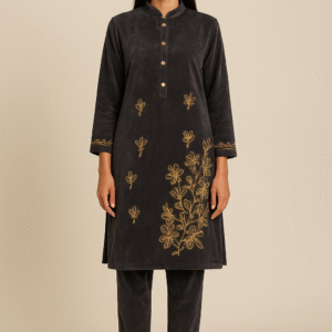 Velvet Kurta Set with Golden Embroidery – Elegant Winter Wear for Women
