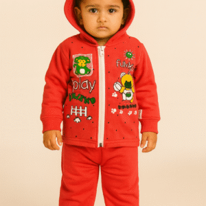 Kids Soft Fleece Hooded Sweatshirt & Pajama Set – Red (Cute Bear & Play Print)
