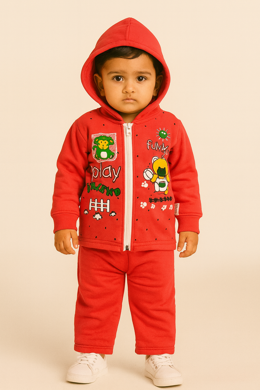 Kids Soft Fleece Hooded Sweatshirt & Pajama Set – Red (Cute Bear & Play Print)