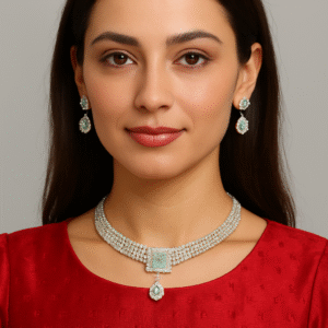 Premium Silver Plated Choker Necklace Set for Women | Mint Green Stone Pendant with Matching Earrings | Party, Wedding & Festive Wear Jewellery