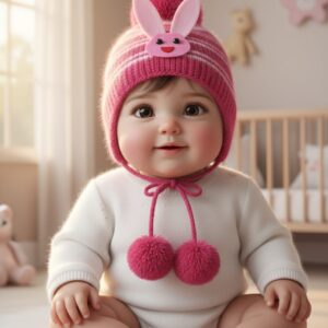Cute Bunny Winter Woolen Cap for Kids (With Pom-Poms)