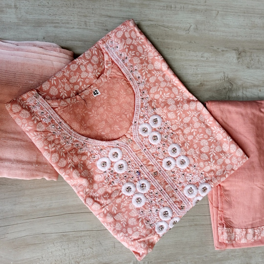 Embroidered Floral Straight Kurti with Lace Sleeves - Image 2