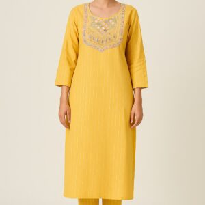 Yellow Striped Embroidered Straight Kurti for Women